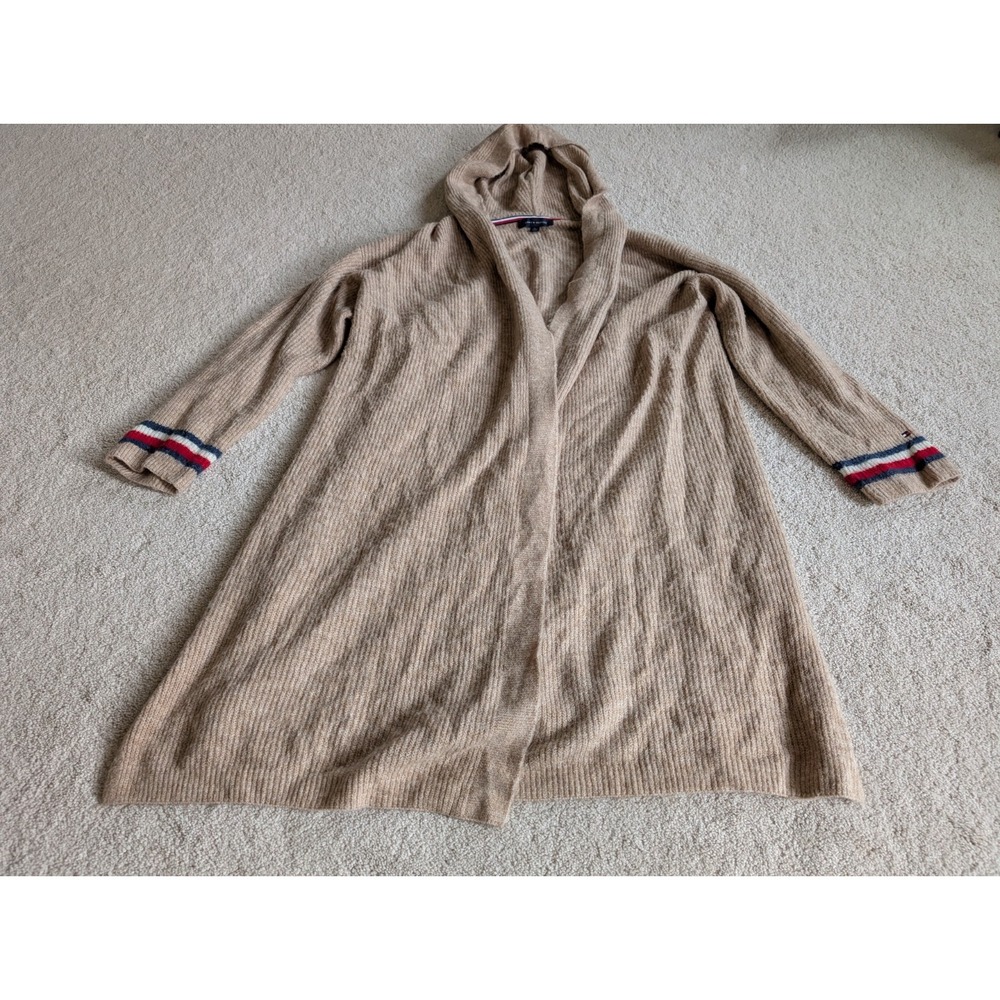 Tommy Hilfiger Women Tan Brown Oversized Wrap Cardigan Sweater Hooded XL